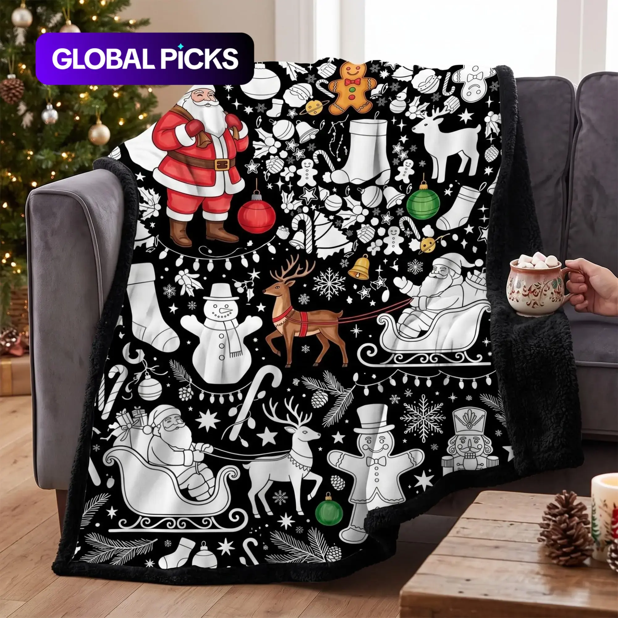 Kids DIY Coloring Christmas Blanket, Fleece Throw with 24 Markers, & Doodle Blanket, Plush Sherpa Backing, Fun Craft Activity