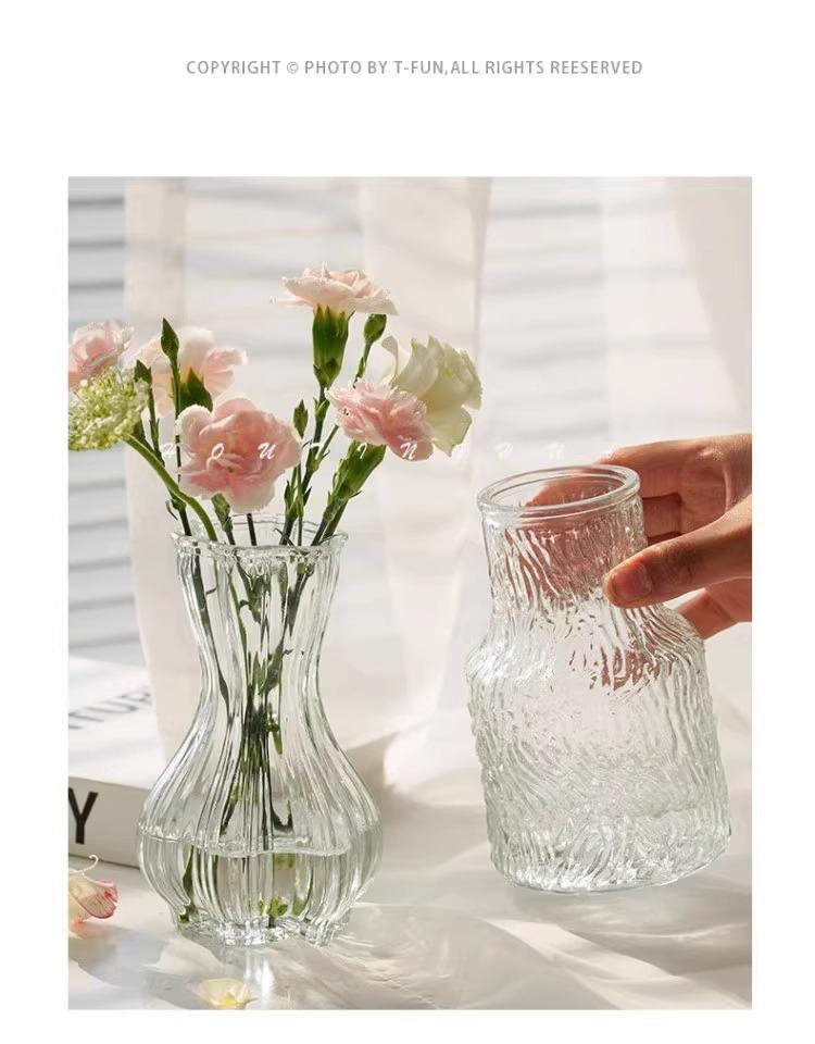 Glacier Pattern Glass Vase, Premium Social Media Style Transparent Flower Holder, Thickened Durable Water Cultivation Container, Living Room Table Rose Fresh Flower Decorative Ornament