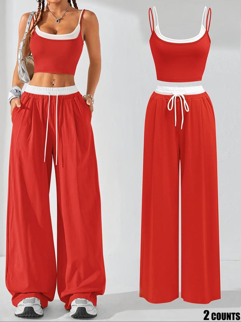 Two-Piece Set Women's Colorblock 2 in 1 Cami Top & Wide Leg Pants Set, Casual Sleeveless Top & Pocket Trousers, Ladies Summer Clothes, Casual Lounge Set