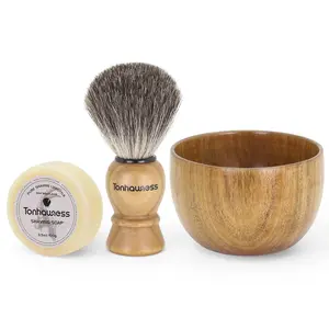 Men's 3-in-1 Shaving Brush Kit, Includes Badger Hair Shaving Brush, Wooden Bowl & Goat Milk Shaving Soap