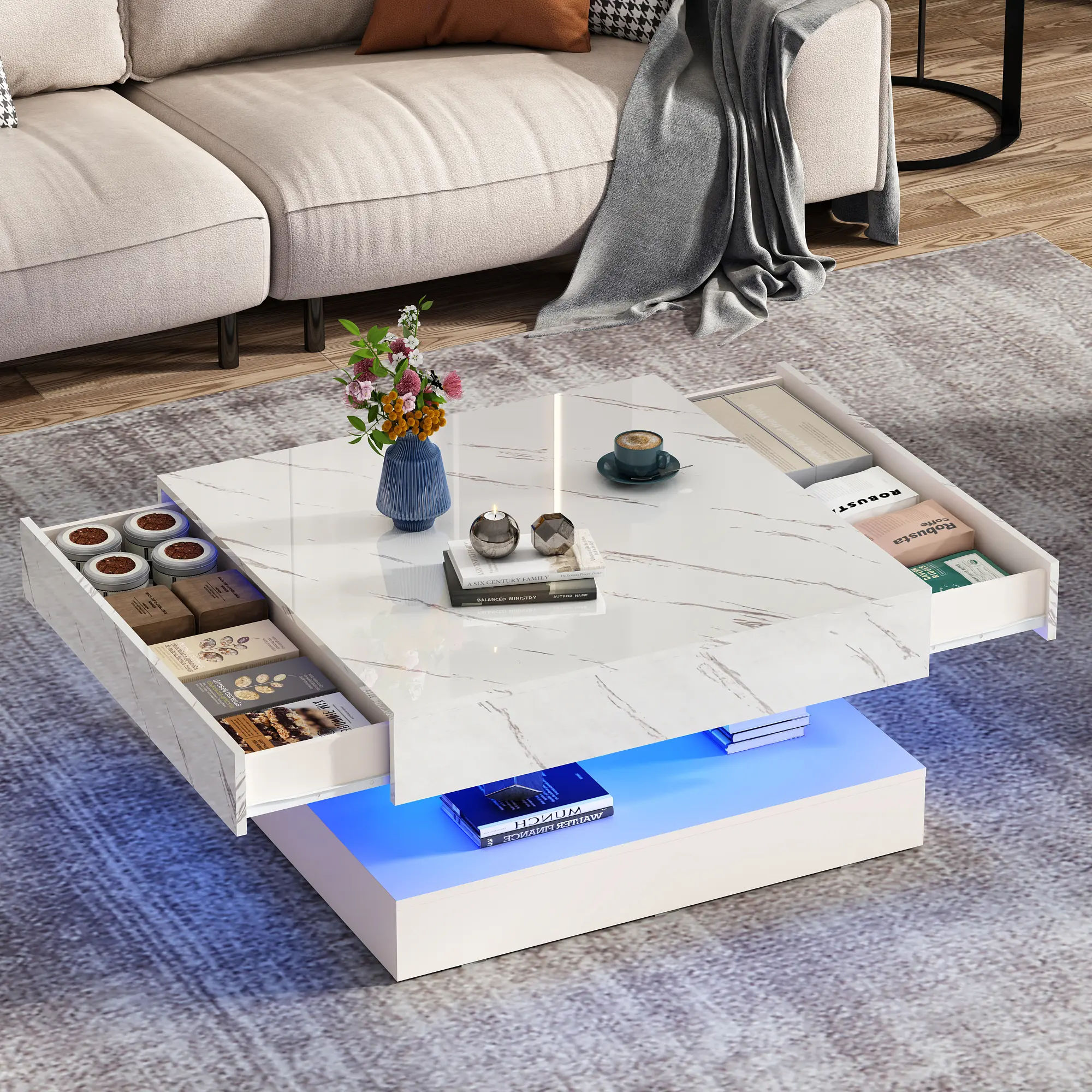 33.9" LED Coffee Table with Storage, Modern High Gloss Living Room Table w/2 Drawers,Double-Layer Design Large Square Center Table for Living Room, Home, Office, White/White Marble/Black