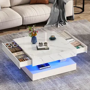 33.9" LED Coffee Table with Storage, Modern High Gloss Living Room Table w/2 Drawers,Double-Layer Design Large Square Center Table for Living Room, Home, Office, White/White Marble/Black
