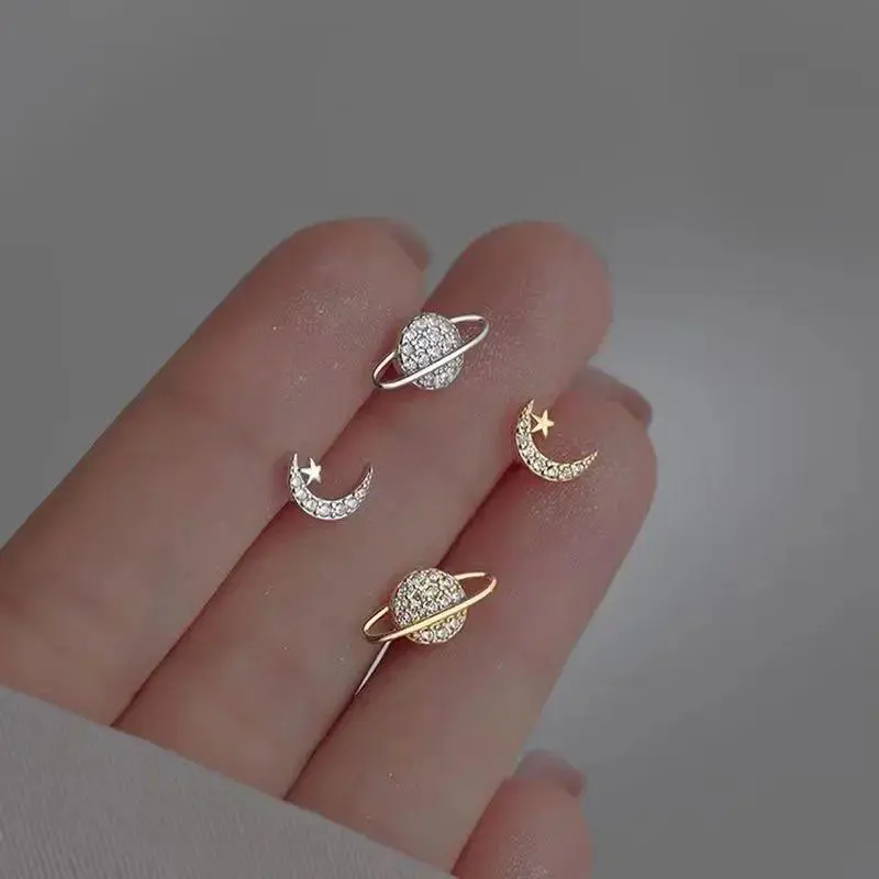 Women's 925 Silver Needle Stud Earrings - Asymmetric Star Moon Zircon Stones Tragus Cartilage Fine Jewelry, Needle Studs