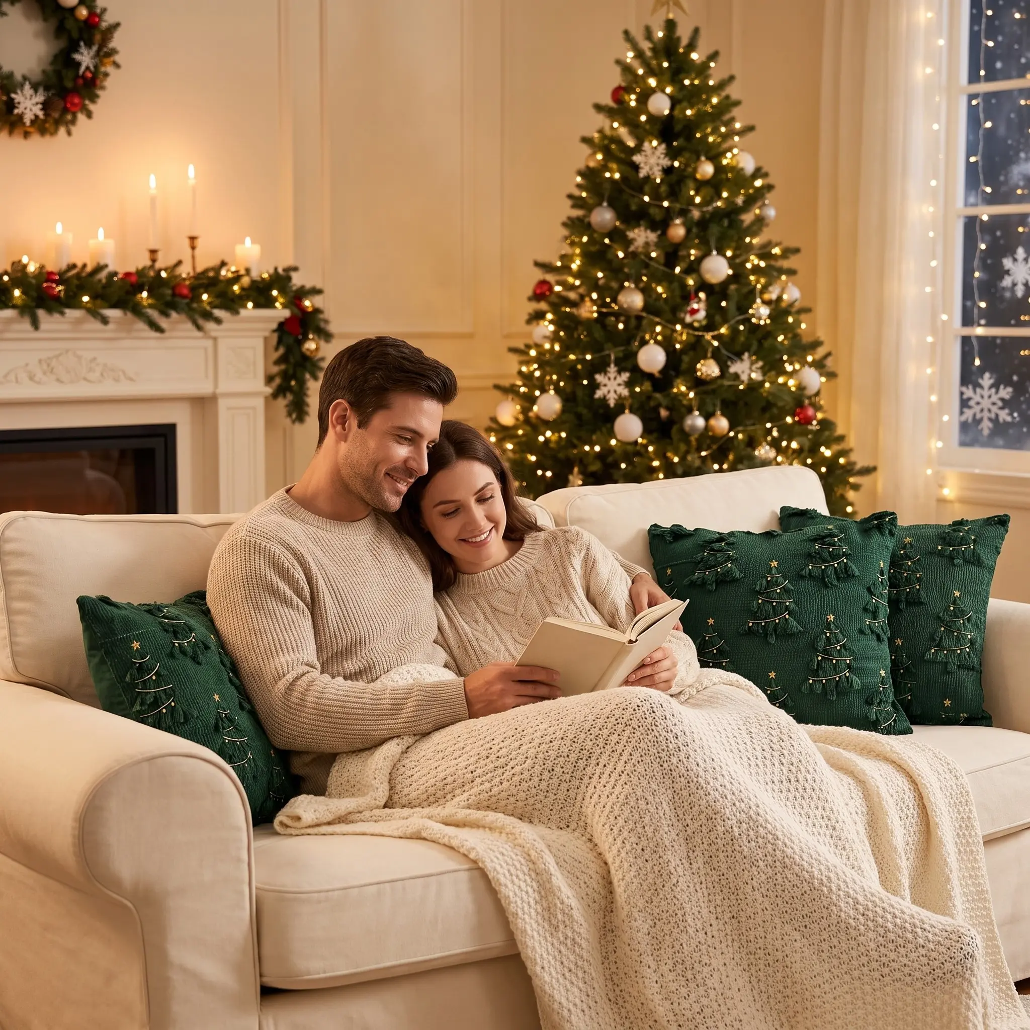 18x18 3D Christmas Tree Quilted Pillow Cover, Embroidered Star Nordic Cushion, Cozy Winter Holiday Decor, Cover Only for Sofa & Bed