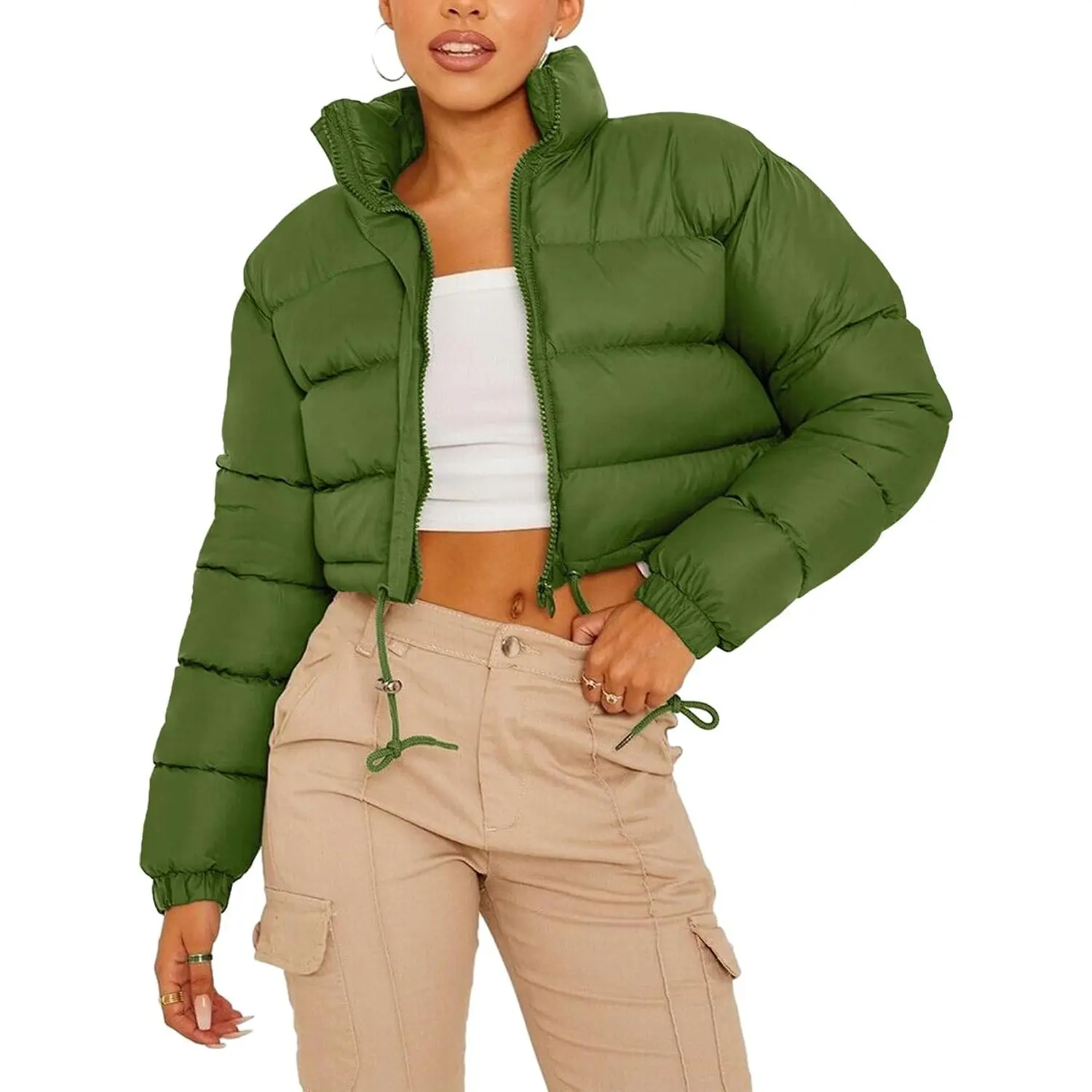 Women's Cropped Puffer Jacket Winter Warm Zip Up Stand Collar Short Down Bubble Coat with Pocket