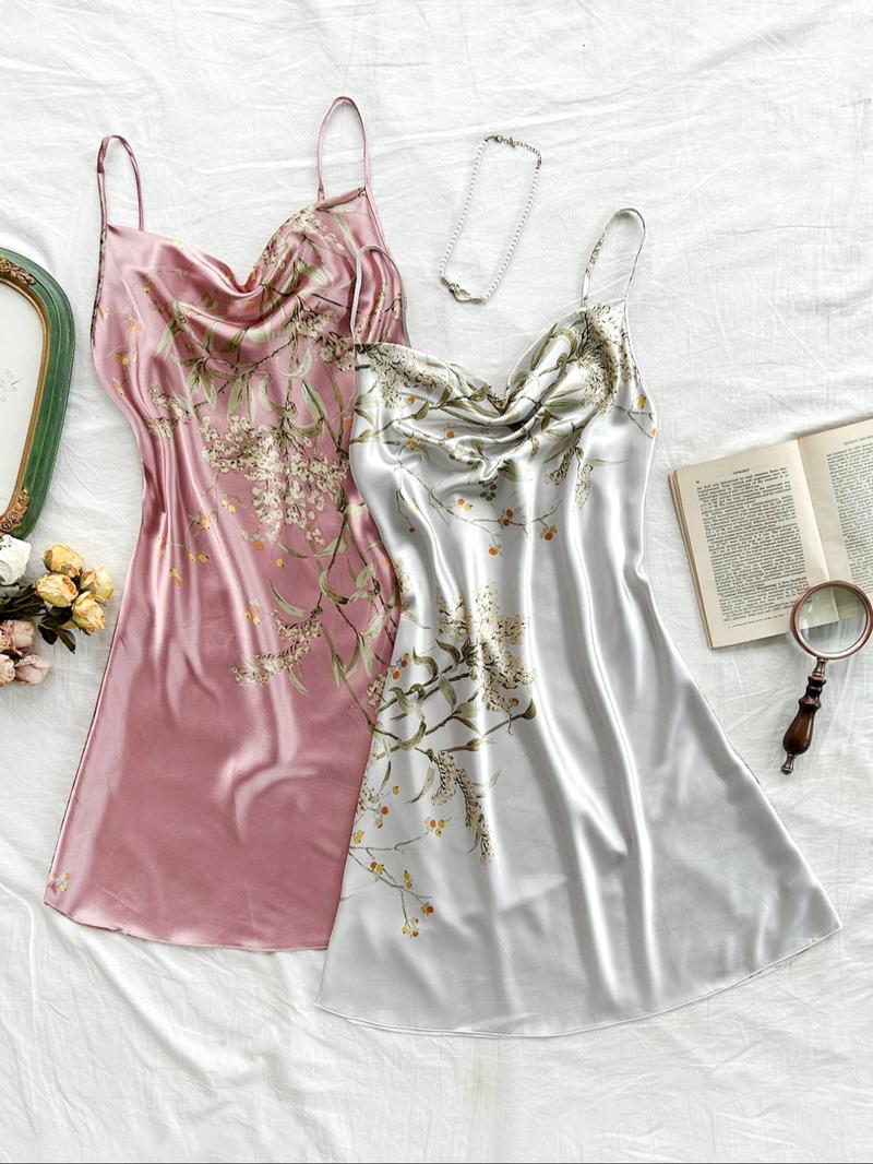 Women's Floral Print Cami Nightdress, Draped Spaghetti Strap Sleeveless Nightgown, Soft Comfy Sleepwear Loungewear Set for Women