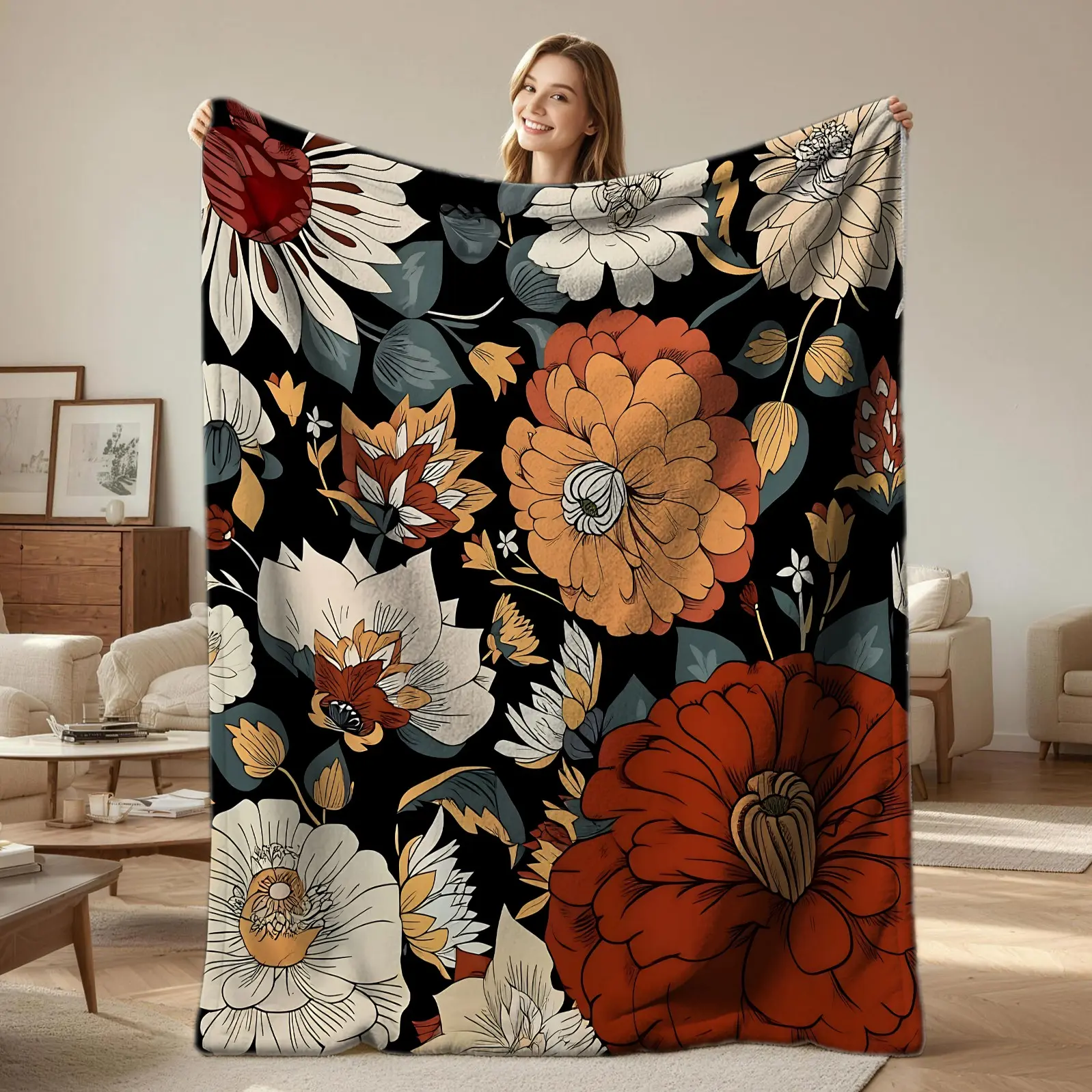1Pcs Bohemian Floral Flannel Blanket, Soft Warm Throw Blanket, Vintage Botanical Print Cozy Blanket, Lightweight Fleece Gift Blanket for Couch, Bed, Sofa, Camping, All-Season Boho Style Decor for Adults Teens, Machine Washable
