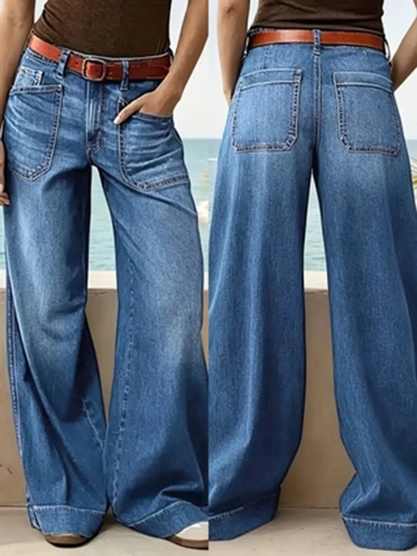 Women's Vintage Low Waist Wide Leg Jeans, Washed Denim with Large Pockets, Casual Fashion Pants for Everyday Wear