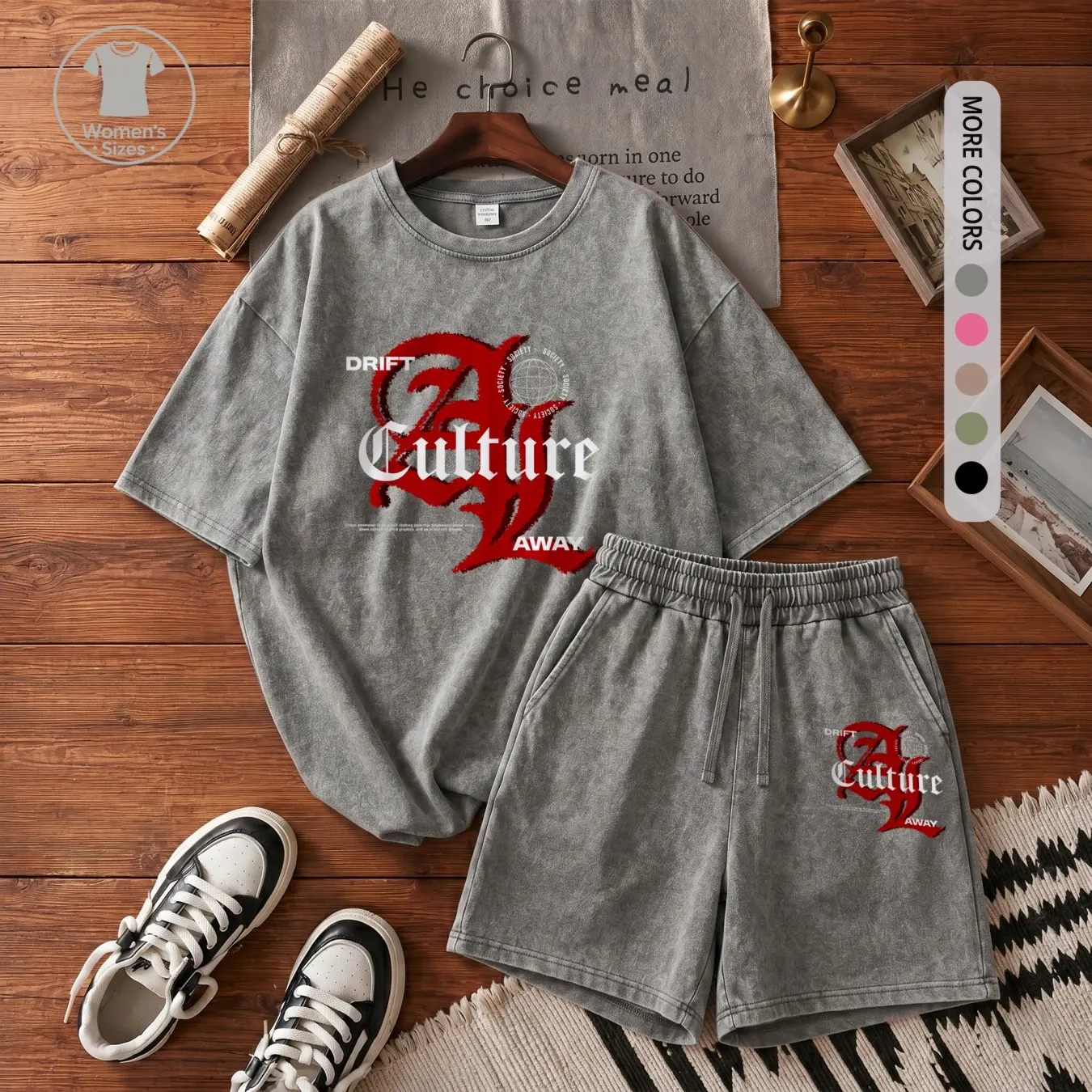 Women’s 100% Cotton Washed 2 Piece Set, Vintage Graphic Short Sleeve T Shirt and Drawstring Shorts, Soft Breathable Casual Summer Lounge Outfit for Daily Wear and Travel