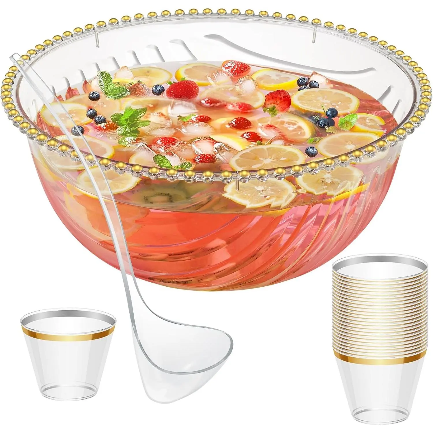 1.7 Gallon Large Clear Plastic Punch Bowl Set, BPA-Free Reusable, with Ladle & 25 Gold-Rimmed Cups, Suitable for Drinks Salads Snacks, Perfect for Wedding Birthday BBQ Baby Shower Holiday Events