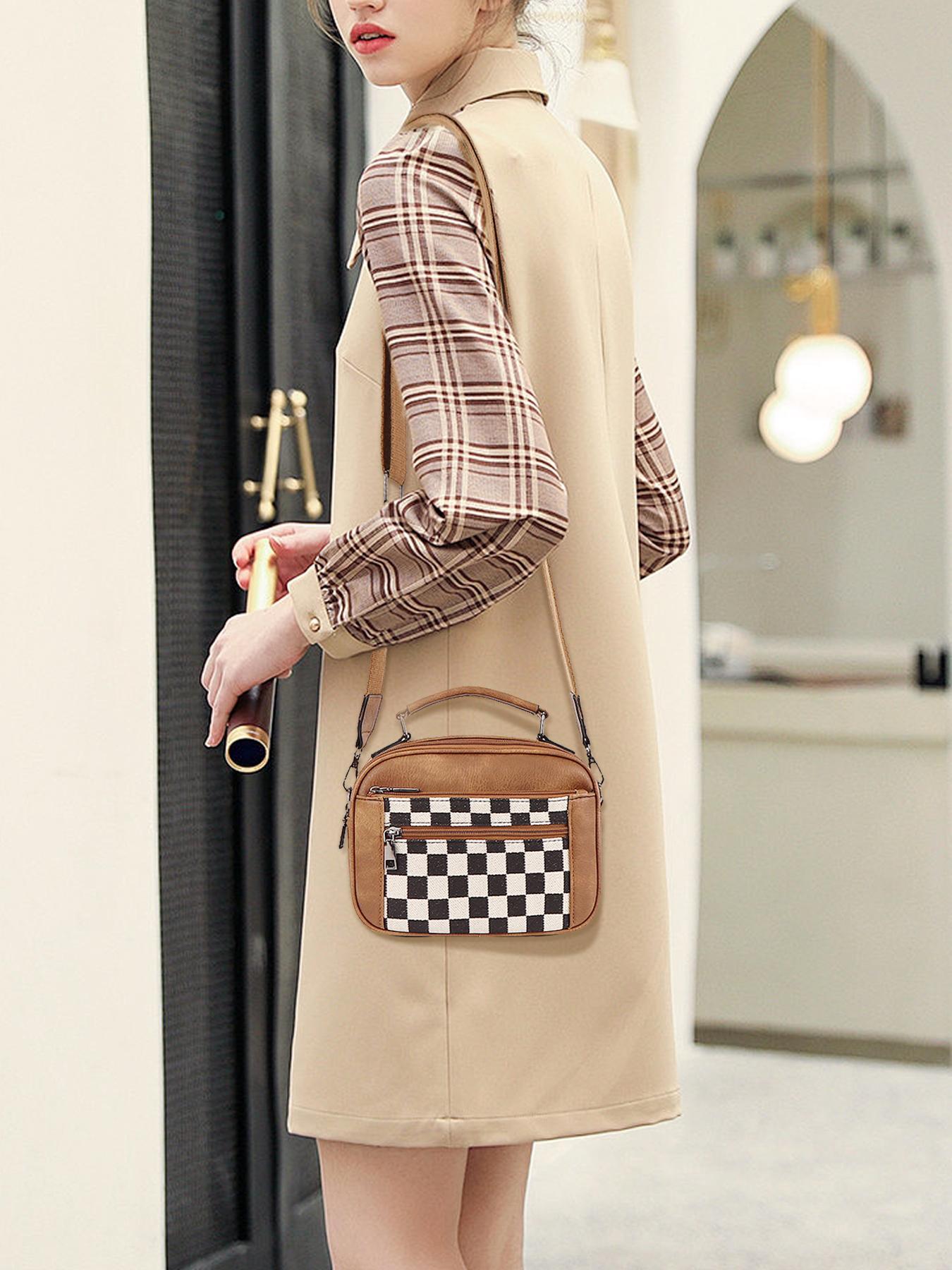 Checkerboard Pattern Colorblock Crossbody Bag, Fashionable Patterned Bag, Fashion PU Leather Waterproof Zipper Shoulder Bag for Women, Casual Trendy Versatile High-quality Daily Commuting Bag, Mothers Day Gift Ideas, Versatile Shoulder Bags