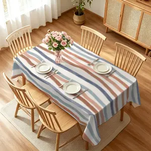 Yuanqi Mo Landi Striped Tablecloth, Striped Tablecloth with Blue, Pink and Brown Watercolor on A Milky White Background, and Fresh Fabric Table Mat Are Suitable for Spring Picnic, Ins Theme Party and Fresh Room Decoration Atmosphere.