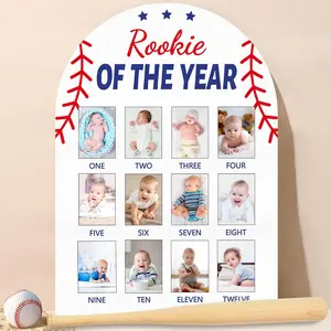 Baseball First Year Photo Board Rookie of the Year 1st Birthday Party Decoration Wooden 12 Monthly Milestone Picture Frame Sport Banner for Babyboy Keepsake Gift Supply Fit 2x2.8in Pic