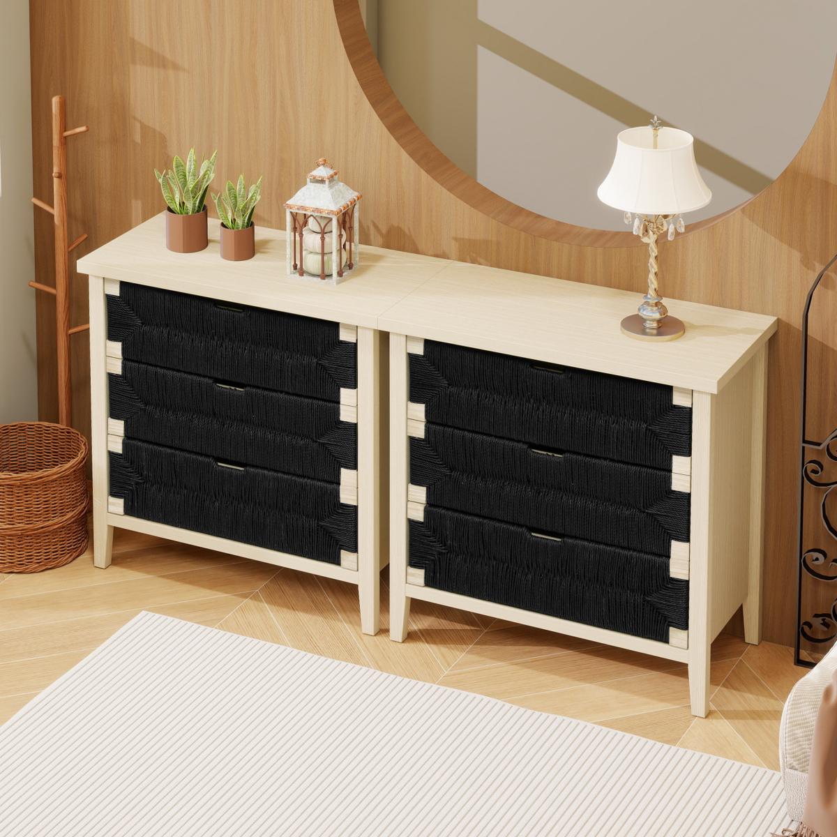 3 Drawer Buffet Sideboard with Adjustable Shelves, Storage Cabinet with Hand-woven rope decorated drawers for Living Room Kitchen Entryway
