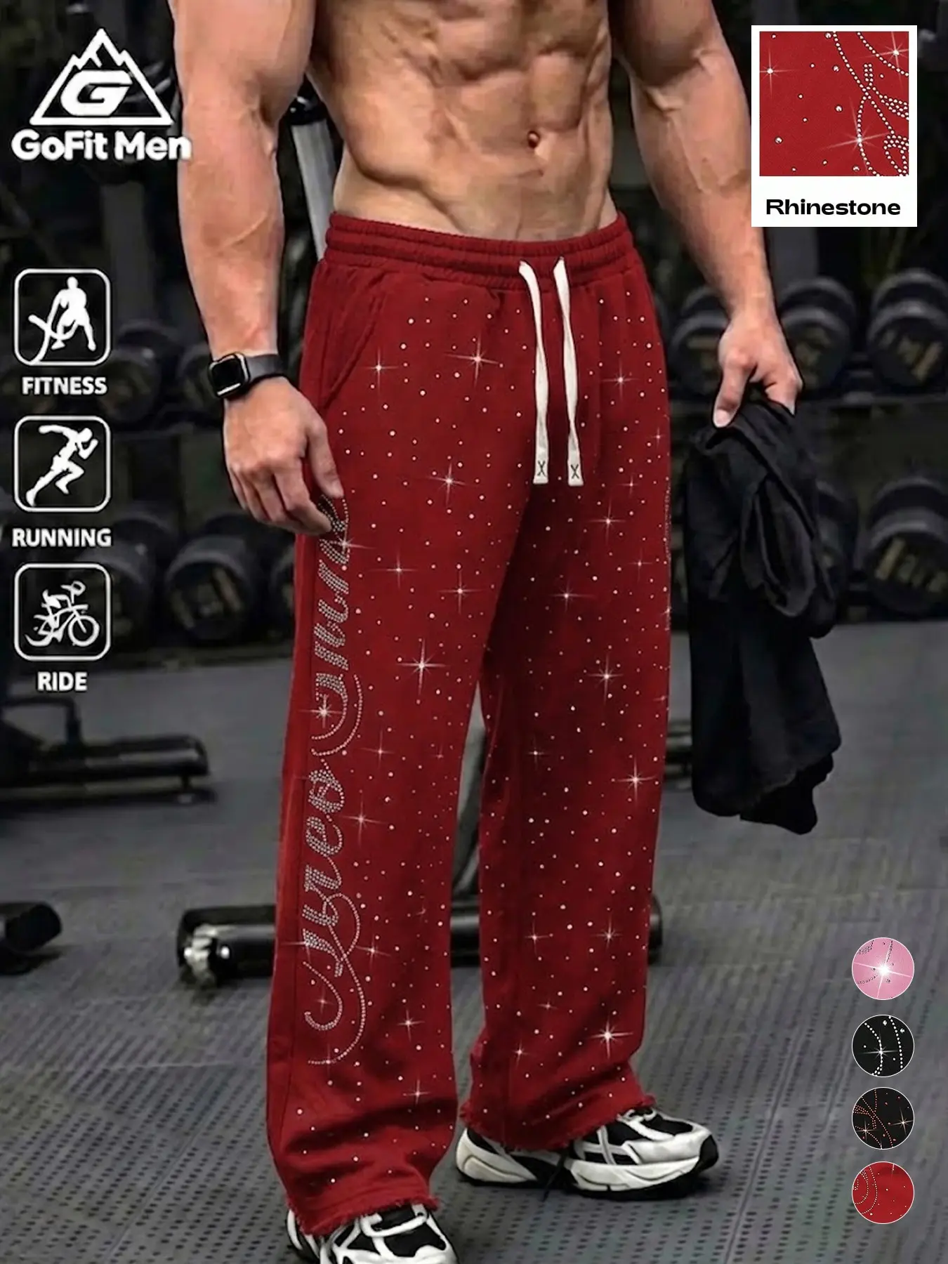 Men's Rhinestone Letter Print Sweatpants, Breathable Soft Knit Fabric, Drawstring Loose Fit, Sporty Style, All Seasons, Gym Sweatpants, Adjustable Drawstring Sweatpants