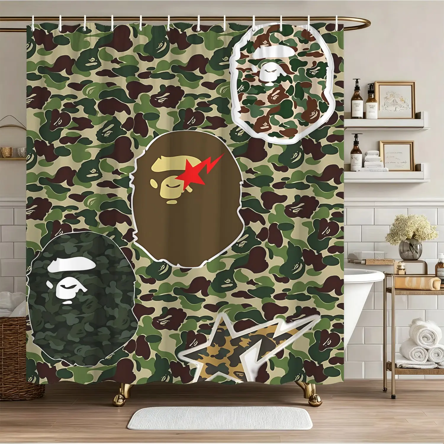 Camo Ape Head Pattern Shower Curtain, Hip‑Hop Street Culture Bathroom Decor, Waterproof, Free Curtain Hooks Included, Ideal Urban‑Style Restroom Renovation
