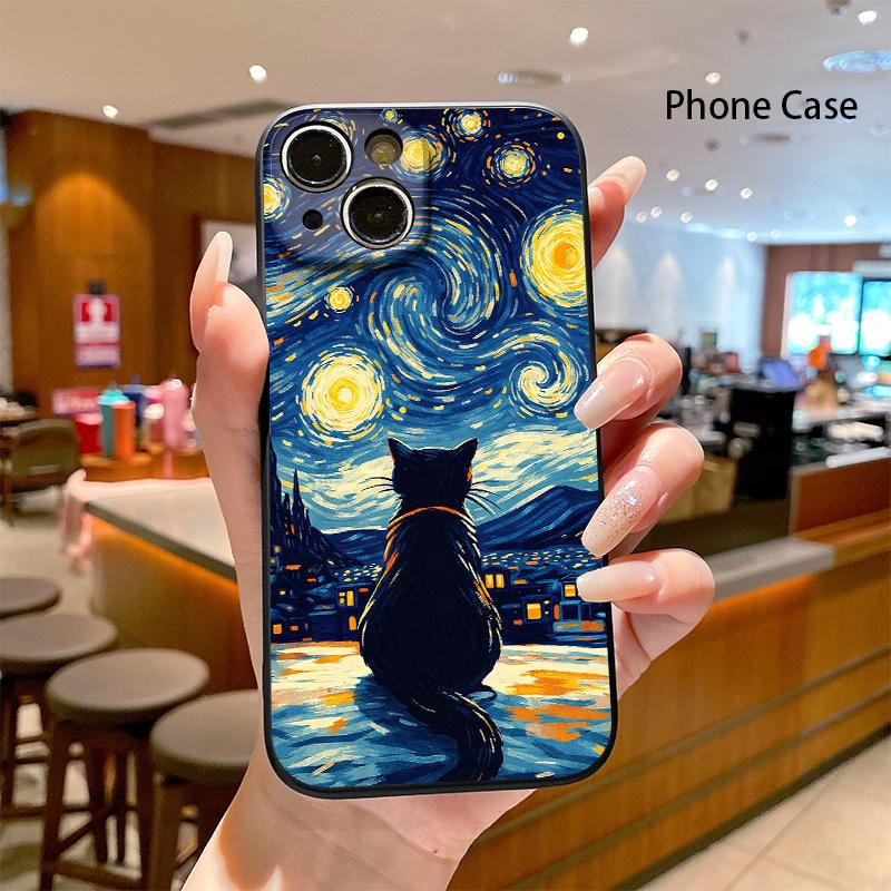 Phone Case - Matte Frosted Phone Case, featuring a scene of a black cat gazing at a starry sky in a village, compatible with iPhone models from 17 to 11 and X series. It has a liquid simulation texture, is skin-friendly and fingerprint-resistant