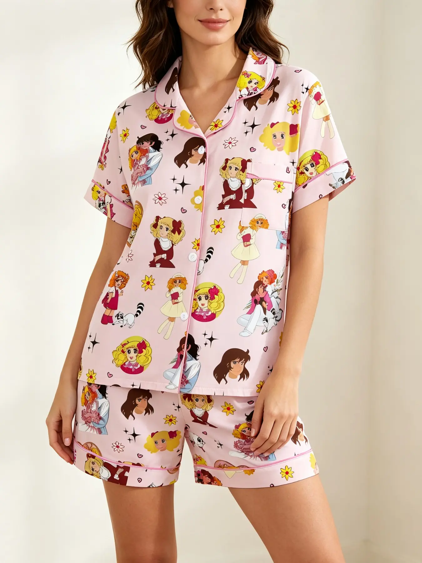 Candy Girl Anime Character Pajama Set, Heart Pattern Short Sleeve Shorts, Soft Retro Cartoon, Home & Outdoor Wear