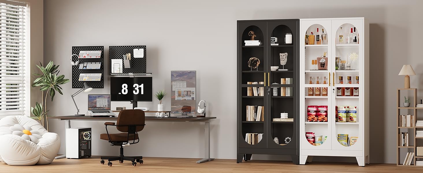 61"  71"  75" Tall Display Cabinet with Glass Door, 5 Tier Metal Curio Cabinet with 4 Adjustable Shelves, Locking Glass Display Case for Collectibles, Showcase Storage Cabinets for Showroom Clinic, White