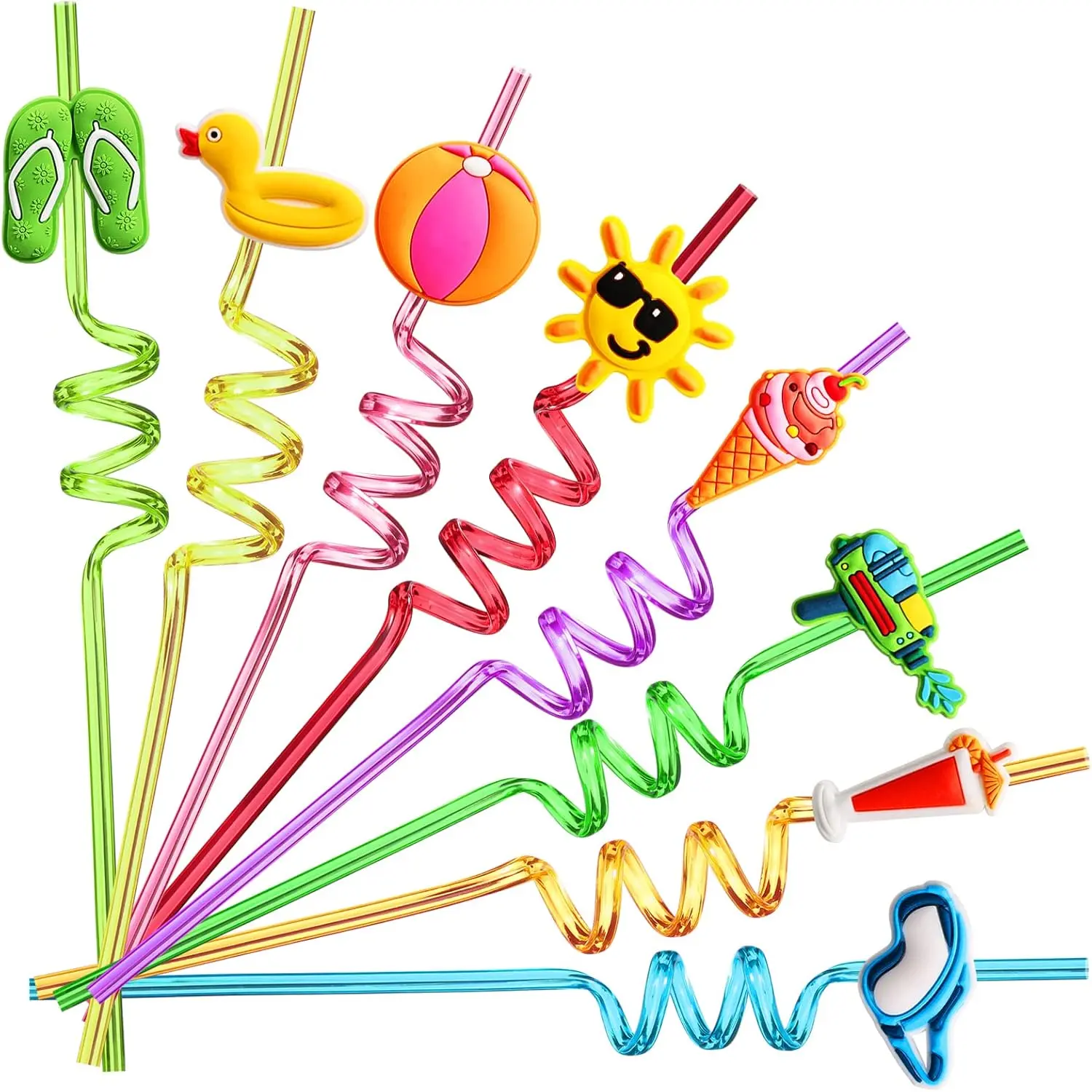 24 PCS Crazy Silly Drinking Straws for Kids Beach Ball Pool Summer Birthday Party Supplies Favors Decorations - End of Year Student Gifts, Bulk Prizes with 2 Cleaning Brushes