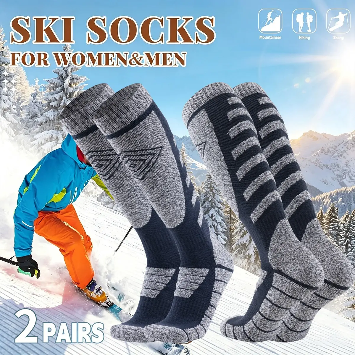 2 Pairs Unisex Ski Socks, Warm Winter Snowboard Socks, Thickened Hiking Snow Socks, Sweat-Wicking Sports Socks for Cold Weather