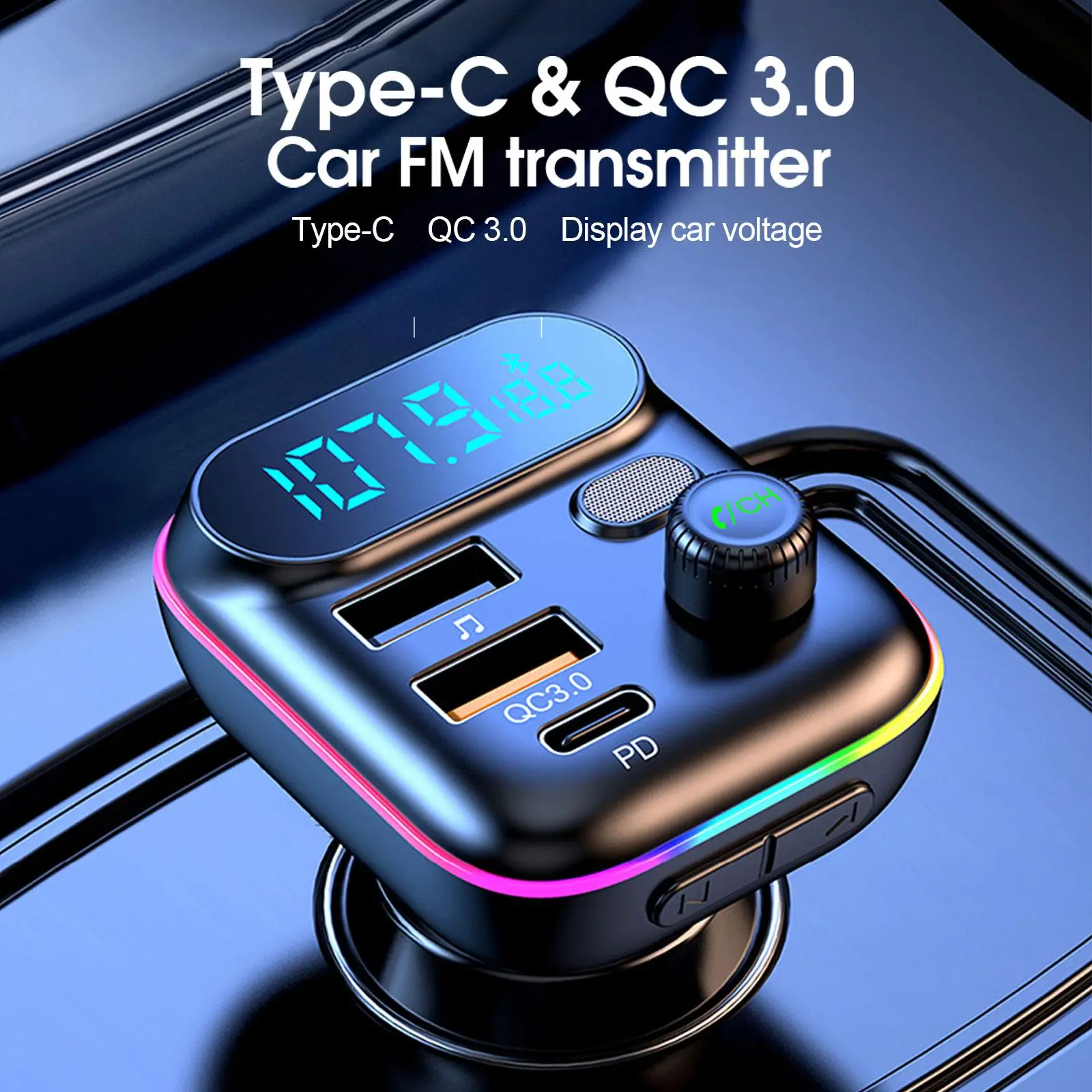 Car PD 18W QC3.0 Fast Charge Bluetooth 5.0 FM Transmitter Dual Player Music Type-C Colorful Ambient MP3 Light Cigarette Lighter vehicle accessory wireless audio adapter Easy Setup   Receiver