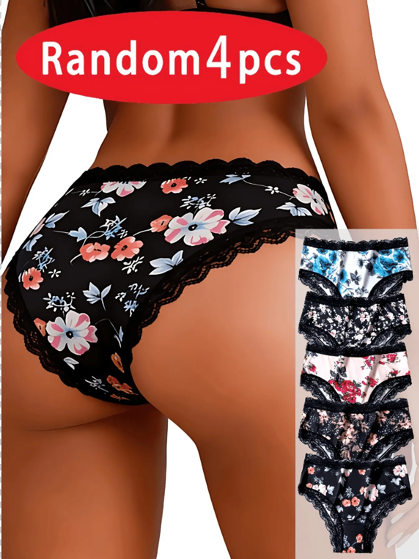 Random 4-Pack Floral Print Lace Trim Women's Briefs, Multiple Patterns, Breathable Soft Comfortable Triangle Underwear