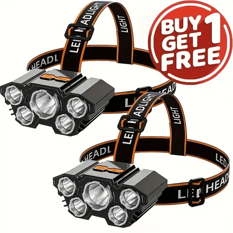 Buy 1 Get 1 Free (2 Pcs Total) Multifunctional 5LED Headlamp USB Rechargeable 4-Mode Strong Light IP65 Waterproof Head Mounted Flashlight for Outdoor Fishing Running Hunting Hiking Camping