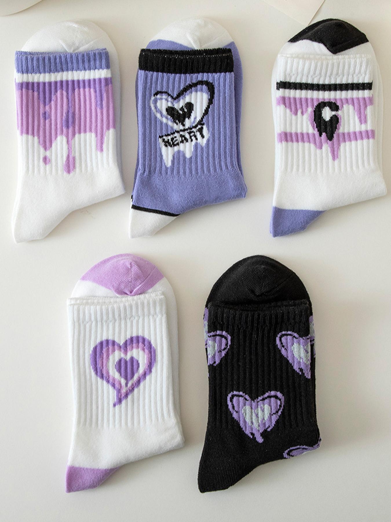 Women's 7 Pairs Heart & Letter Print Crew Socks, Casual Stylish Socks, Soft Comfy Socks, Preppy Casual Soft Comfortable Breathable Striped Print Mid-calf Socks for Daily Wear, Multipack Knit Socks for All Seasons, Sock Set