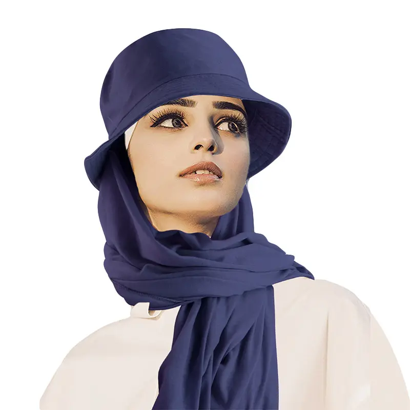 Viral 2 in 1 Bucket Hat Hijab Scarf Combo Solid Navy Blue Sun Visor Full Coverage Neck Wrap Modest Fashion Women Daily Outdoor
