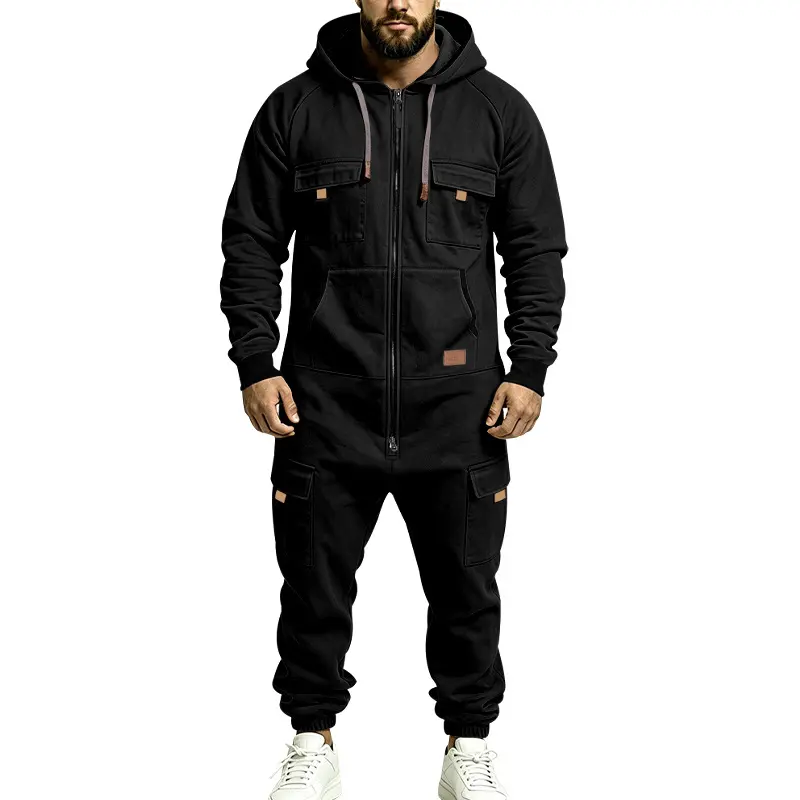Men’s Fall/Winter Hooded Fleece-Lined Cargo Jumpsuit, Multi-Pocket Full-Zip One-Piece Workwear, Relaxed Fit Functional Streetwear Outfit With Long Cuffed Pants For Outdoor Activities, Daily Wear And Travel
