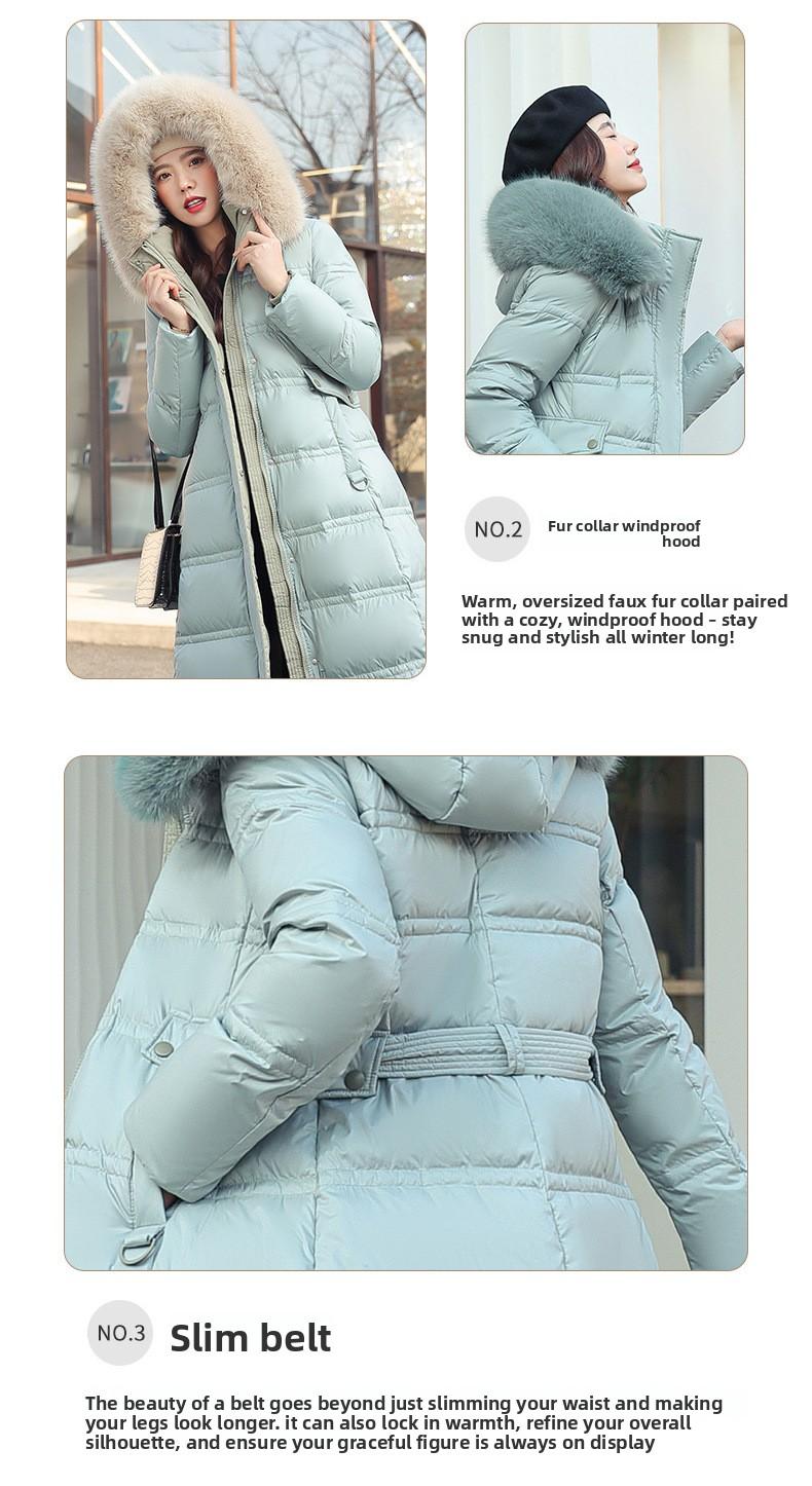 New winter women's thickened long over-the-knee hooded cotton-padded coat with large fur collar.