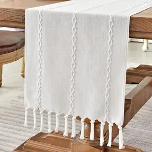 Rustic Linen Table Runner Farmhouse Style Table Runners 72 inches Long Embroidered Table Runner with Hand-Tassels for Party, Dresser Decor and Dining Room Decorations (White, 13"×72")