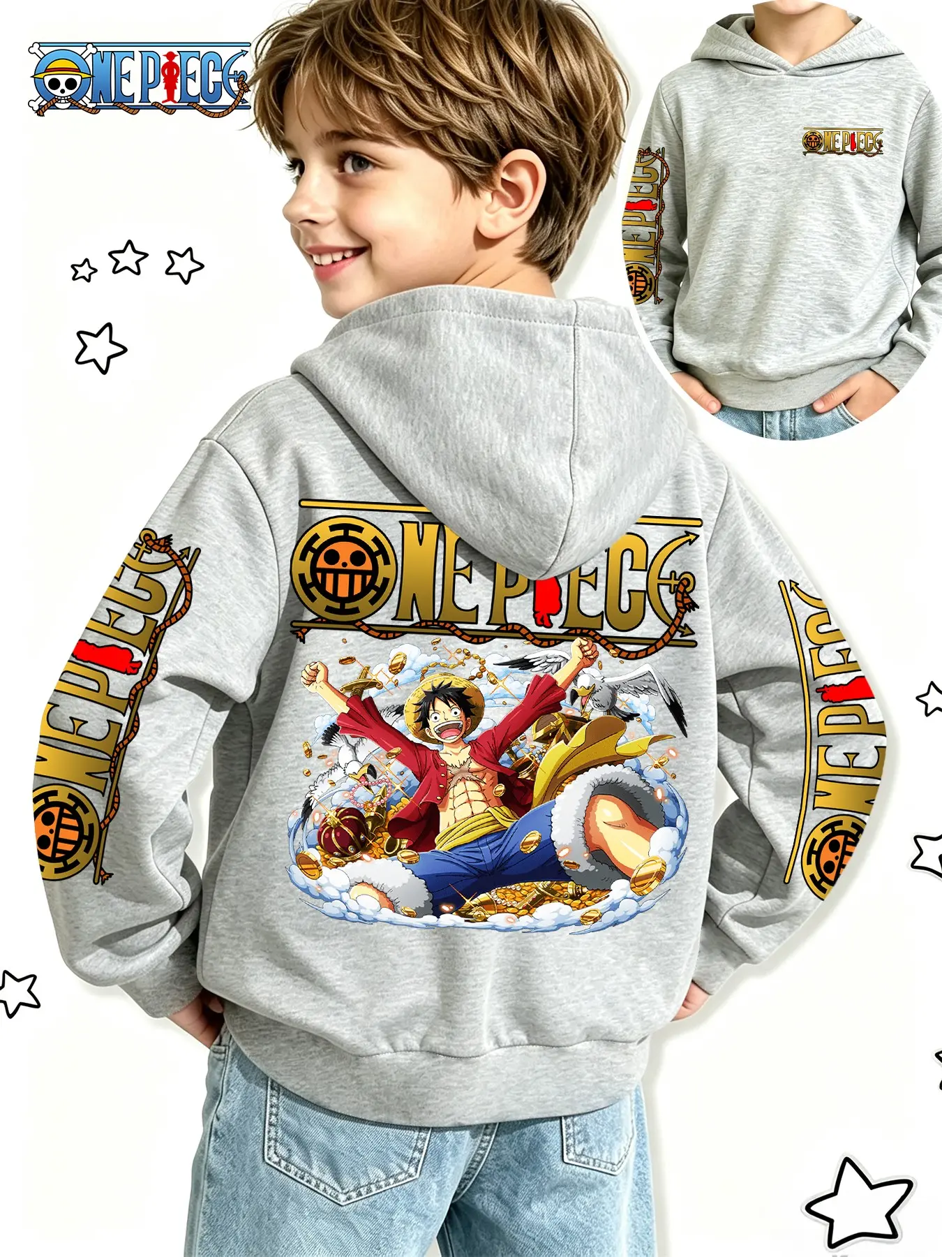One Piece Official Boys' Anime Sweatshirt, Luffy Adventure Print, Spring & Fall Casual Loose Fit, Perfect for Gifts & Daily Wear