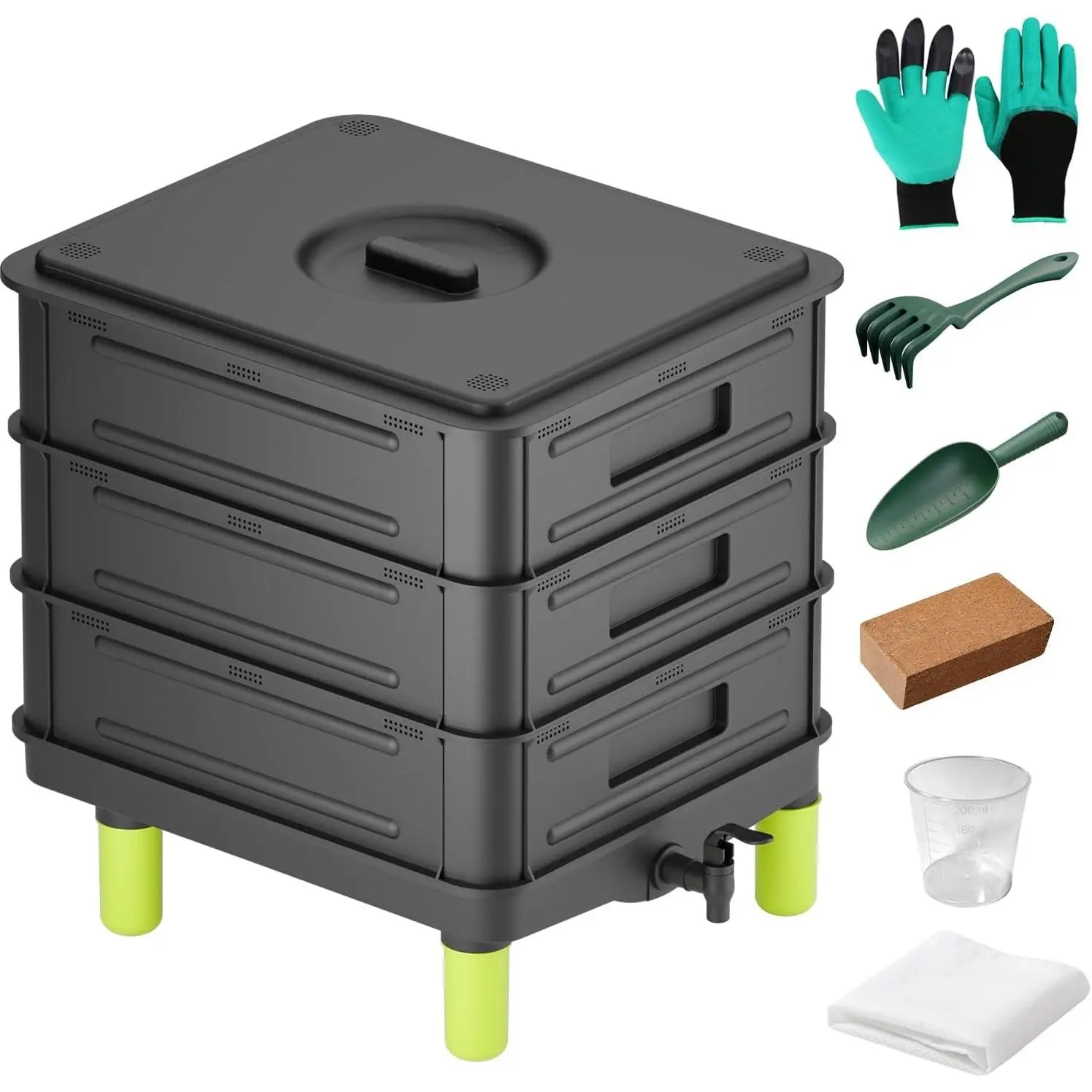 3-Layer Worm Composter, 50L Worm Compost Bin for Indoor & Outdoor, Worm Farm Starter Kits for Vermicomposting Starter, Garden Composting Bin for Recycling Food Waste (Black)