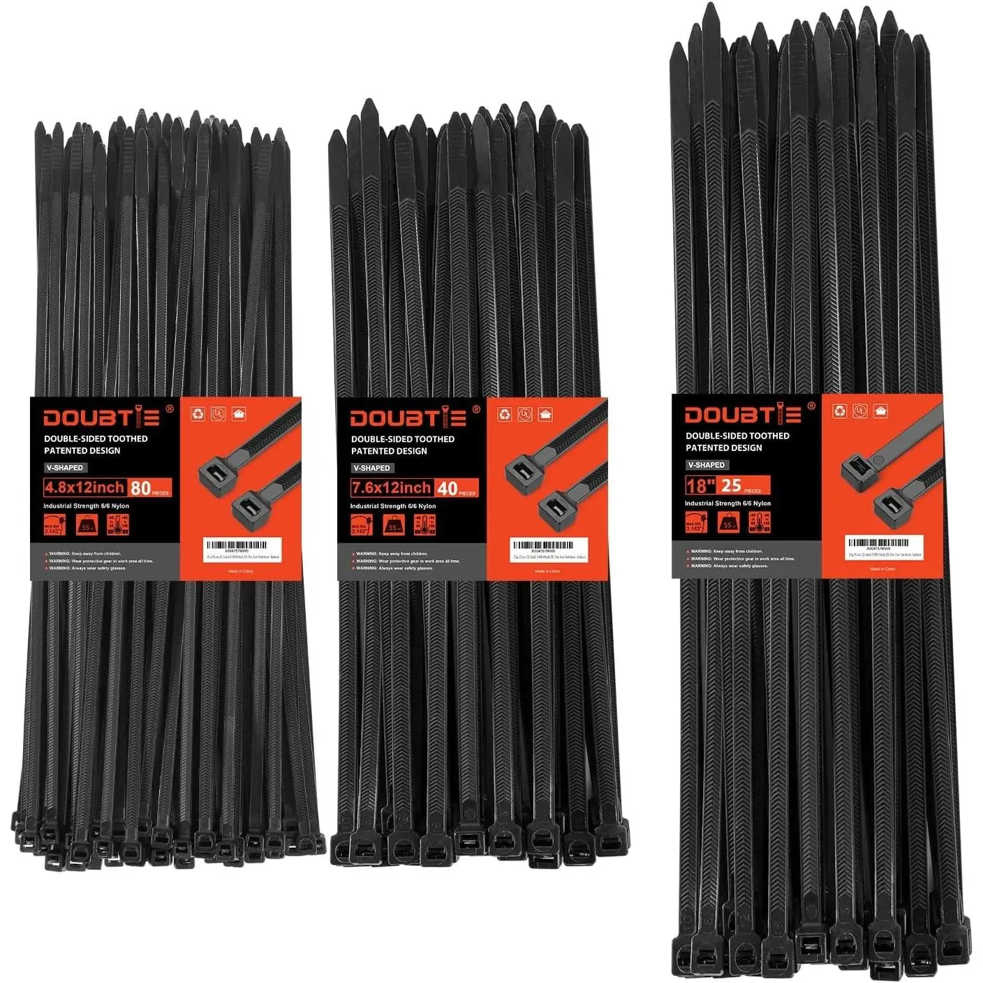 Heavy Duty Zip Ties 12+12+18 Inch V-Shaped Toothed Double Sided Assorted Size 200 LBS Tensile Strength Durable Nylon Adjustable Cable Tie Wraps 150 Pack for Indoor Outdoor