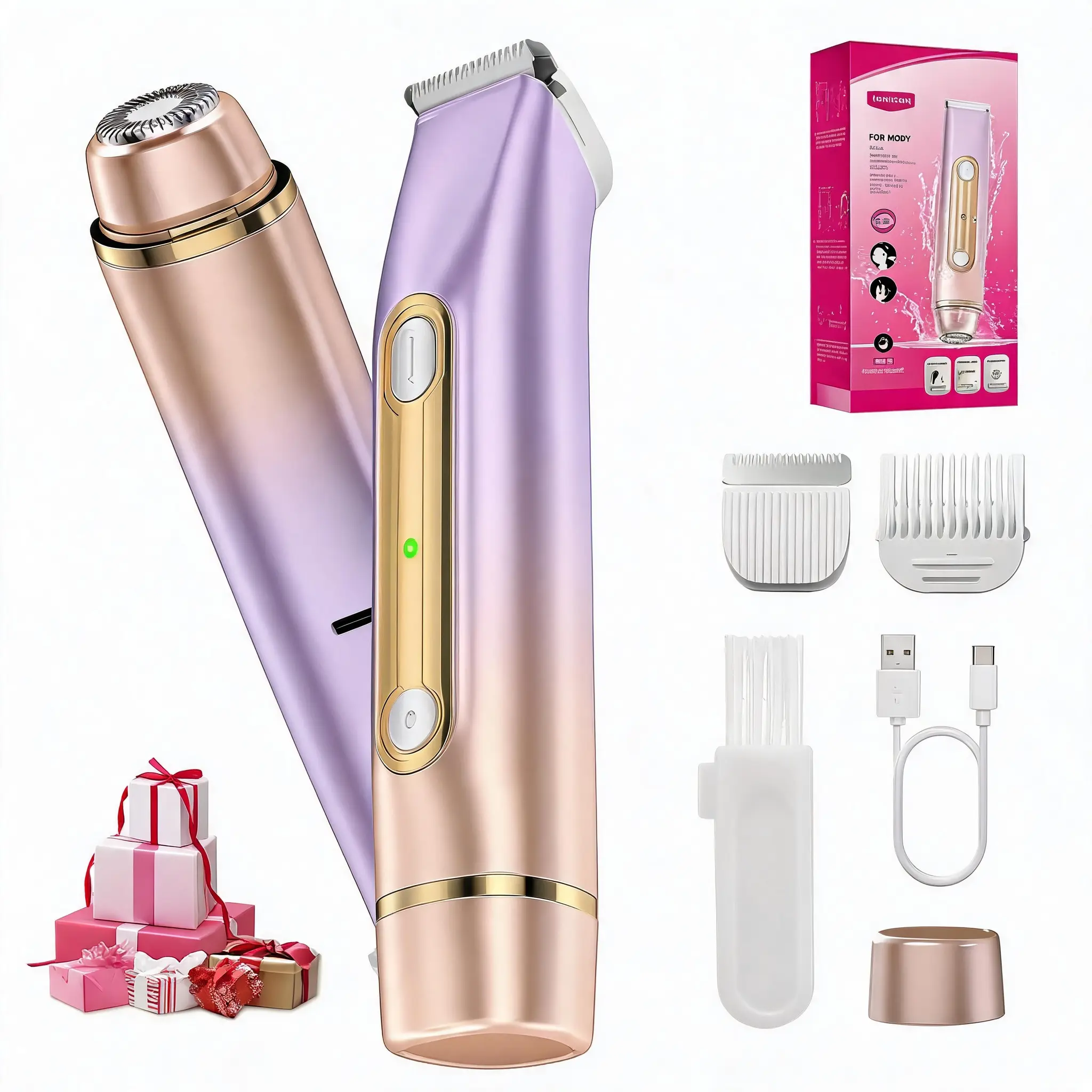 2026 New Women's Rechargeable 2-in-1 Electric Bikini Trimmer, Waterproof Wet-Dry Painless Body & Facial Hair Remover (Bathroom Gadget Accessory)