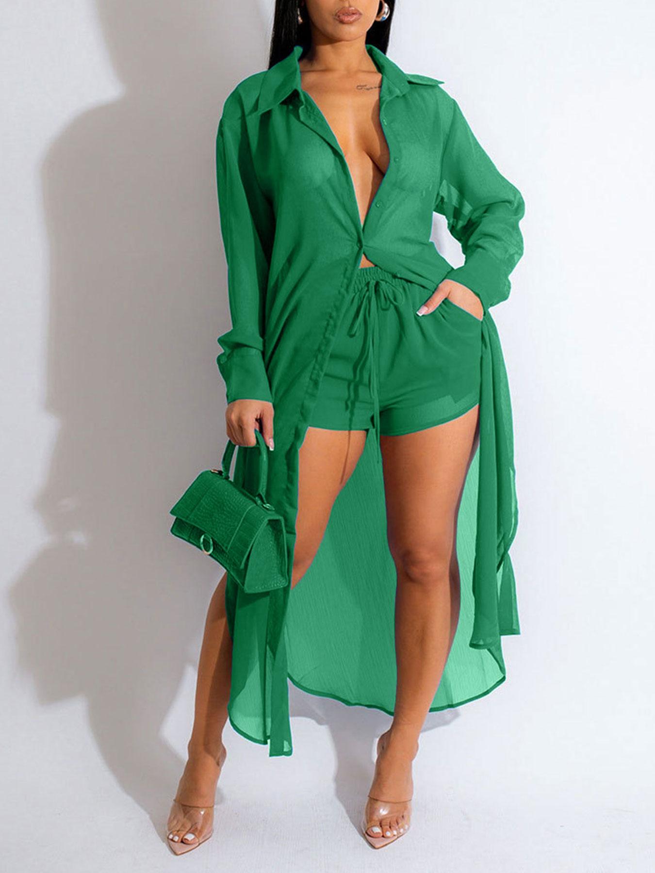 Women's Solid Color Button Front Shirt & Shorts Two-Piece Set, Casual Fashion Cozy Breathable Outfits for Daily Outdoor Wear, Women Clothes for Summer