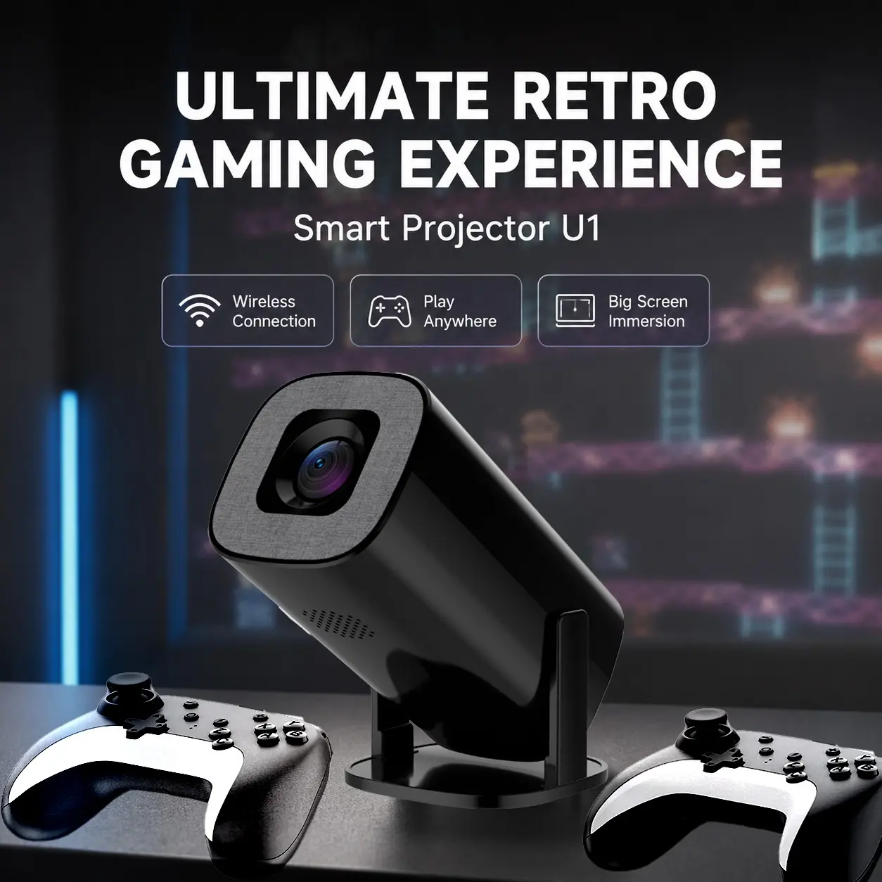 Portable Smart Game Projector Dreress U1, Android Wireless Projector, Android 14, 1280x720p, 36000+ Retro Games, Wifi6 Bluetooth-compatible 5.0, Indoor Outdoor Entertainment