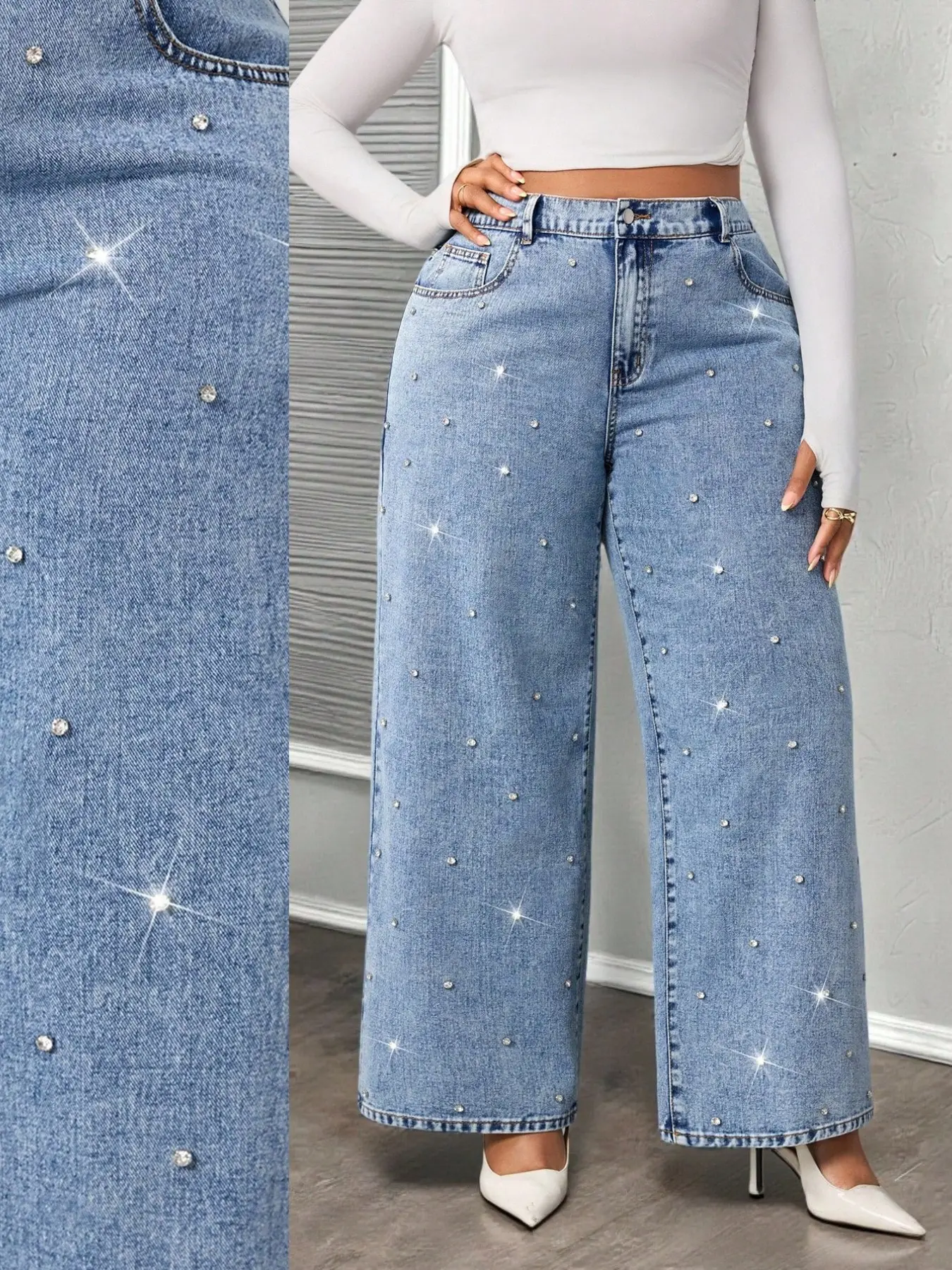 Casual Rhinestone Jeans, Bottoms, High Waist Light Blue Glitter Wide Leg Denim Jeans, Perfect for Parties and Nightlife