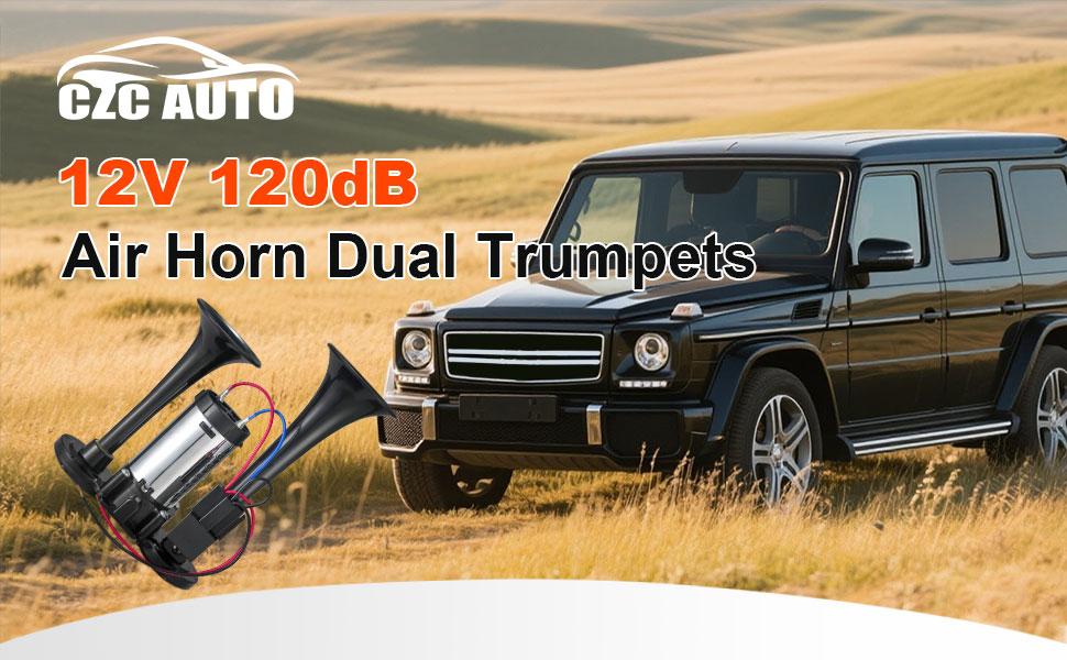 12V 120dB Air Horn Dual Trumpets, Super Loud Electric Train Horn Kit with Upgraded Compressor for 12V Trucks, Cars, SUVs, Motorcycles, Boats, Pickups