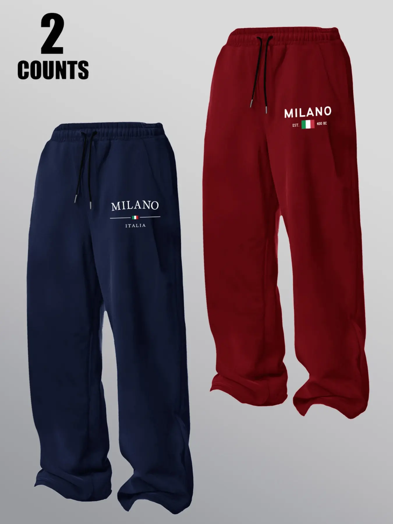 Men's 2-Pack Milano Print Wide Leg Sweatpants, Casual Activewear Drawstring Waist Loose Trousers with Italian Flag Detail for Streetwear Style