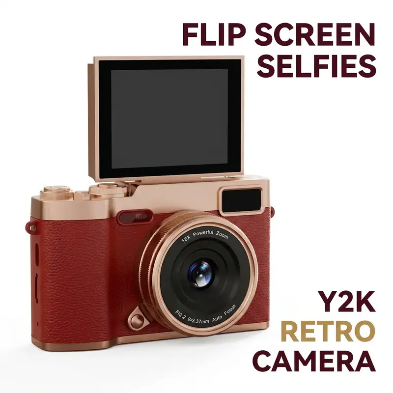 Flip Screen Retro Digital Camera for Teens, Cute Portable Pocket Camera with Filters, Y2K Vintage Style, Entry-Level Beginner with Memory Card, Compact & Perfect Gift, Student Camera