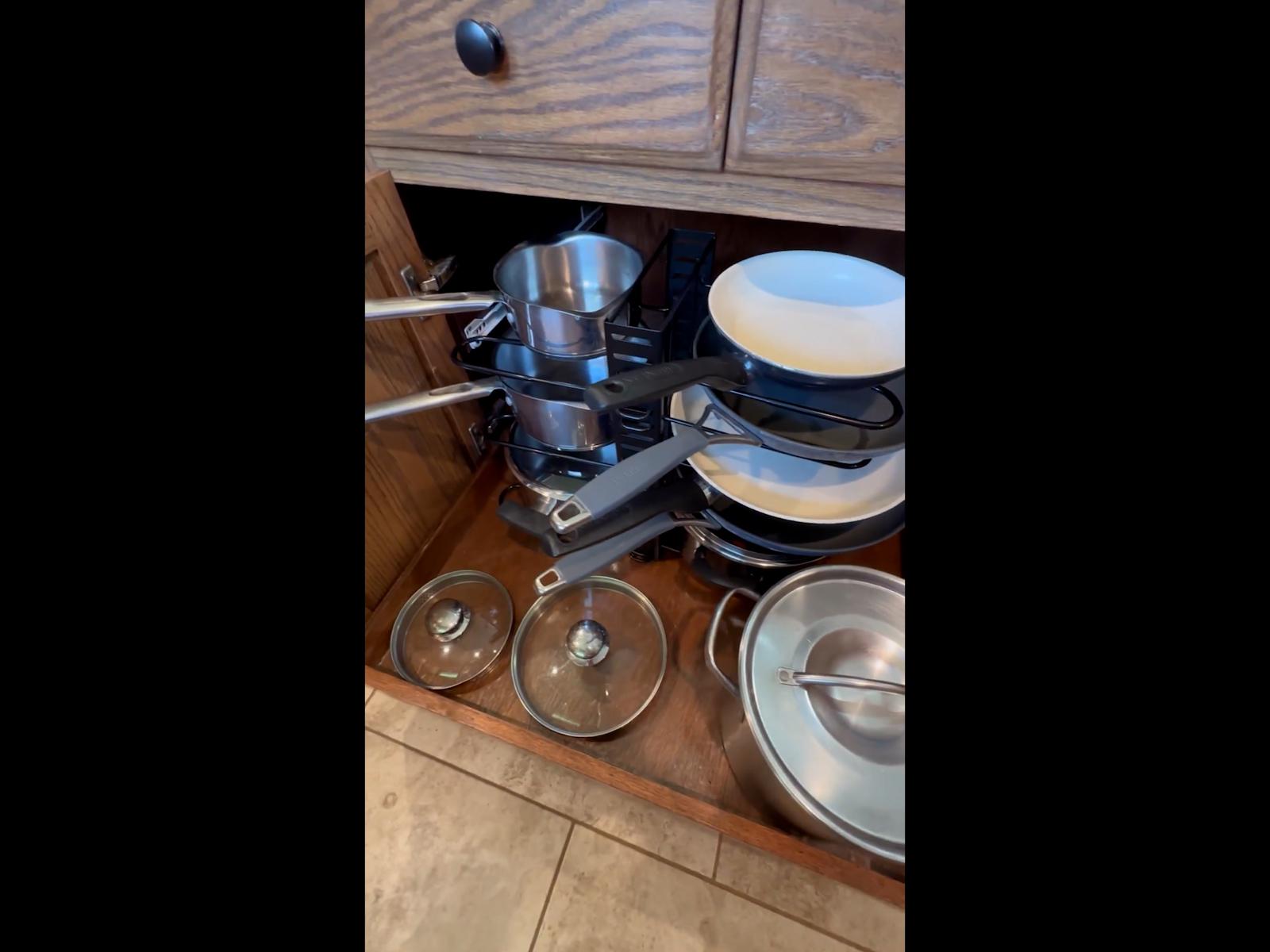 Pots and Pans Organizer for Cabinet 16.61 Height, 8 Tier Pot Organizers Rack with 3 DIY Methods, Adjustable Pan Organizer under Cabinet Kitchen Organization and Storage