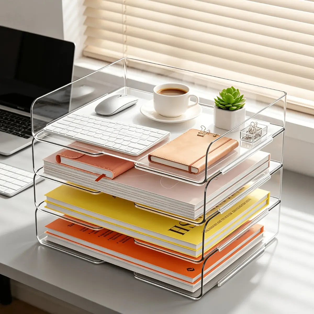 4-Tier Commercial Grade File Tray Bulk Value Pack, Cost-Effective Stackable Acrylic Document Sorter Combo, File Rack Organizer, Space-Saving Professional Office Stationery Display Rack for Workstations, Schools & Corporate Offices