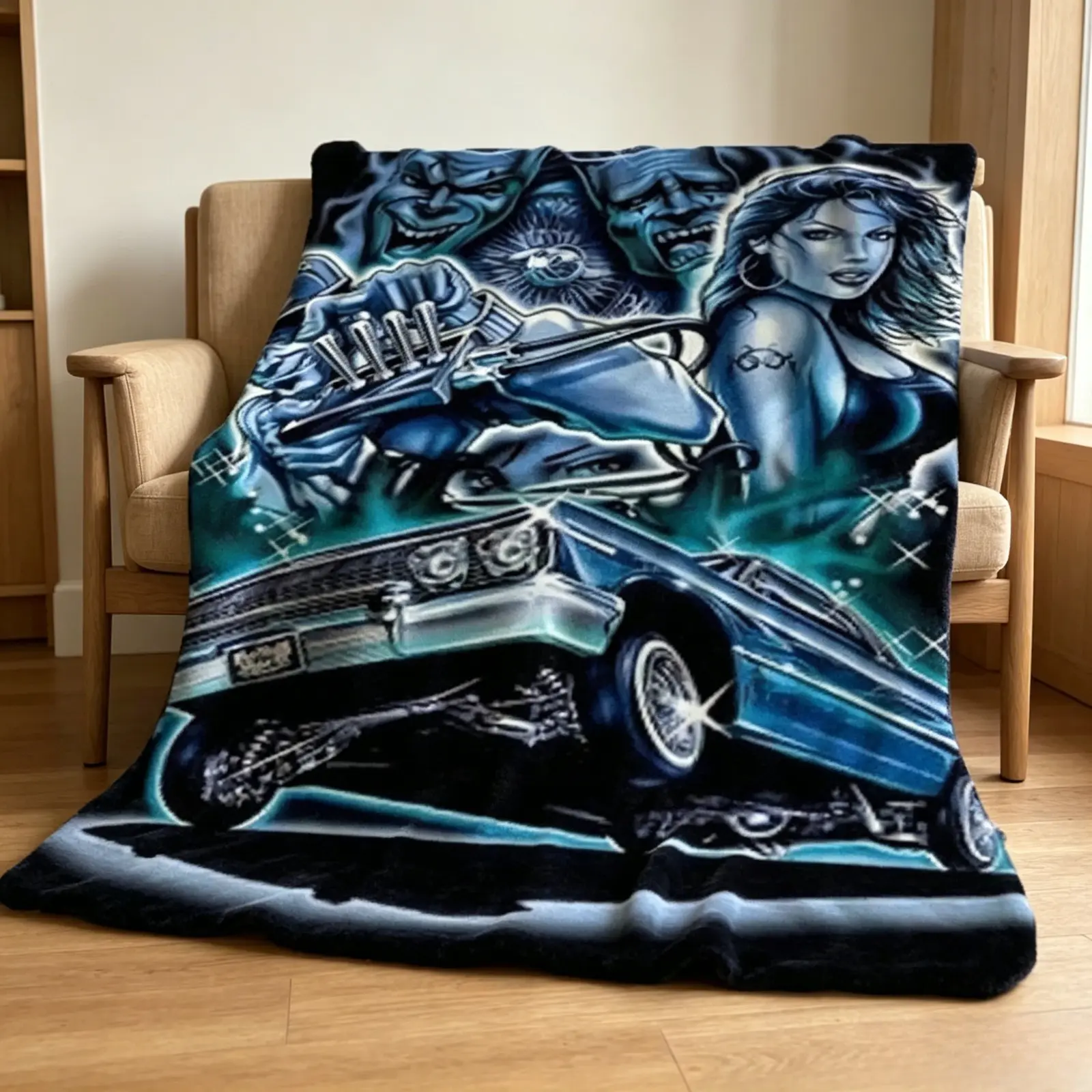 Lowrider Car Inspired Flannel Blanket Chicano Style Aesthetic Illustration Soft Cozy Lightweight AC Throw Blanket Retro Car Art Print Kids Teens Adults Sofa Bed Bedroom Living Room Office Travel Camping Movie Night Home Decor Gift Birthday Christmas Viral
