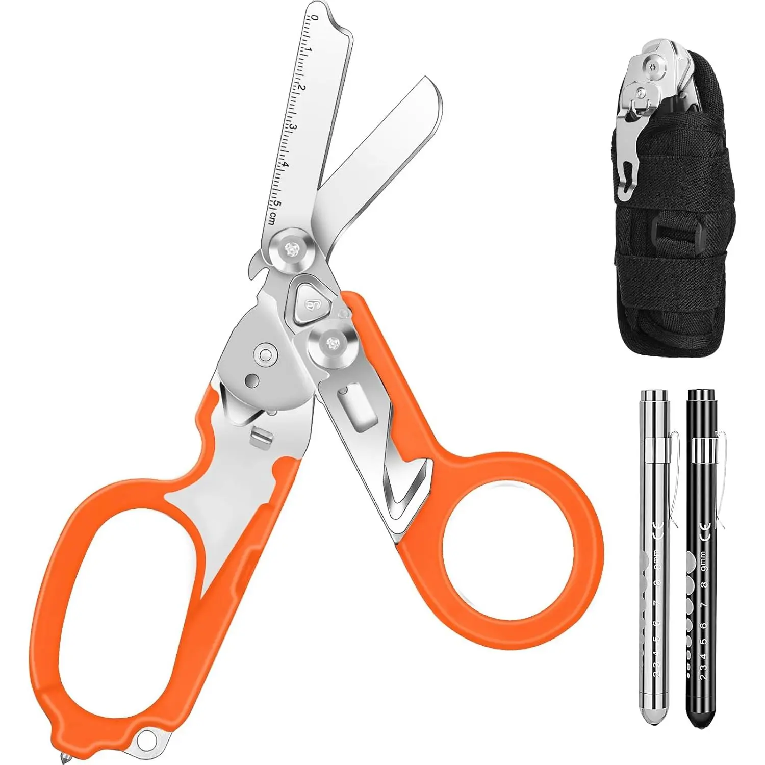 6 In1 Multifunction Emergency Response Shears, Stainless Foldable Trauma Shears with Strap and Breaker,Medical Scissors with Holster and Penlight Orange