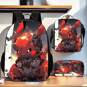 The three-piece Cyber​​Pikachu backpack set features a stylish red and black mecha design with a shimmering lightning bolt pattern.It includes a spacious backpack, an insulated lunch bag, and a matching pencil case.With comfortable padded shoulder stra