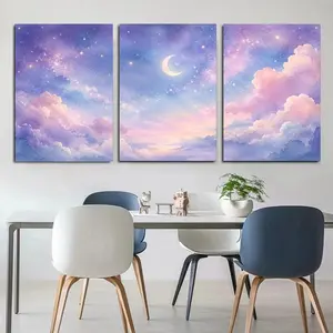 Dreamy Moon Cloud Triptych Canvas Wall Art, Pastel Starry Sky Print for Bedroom Nursery Living Room Office Decor, Available as Unframed Canvas Poster or Framed Canvas Wrap