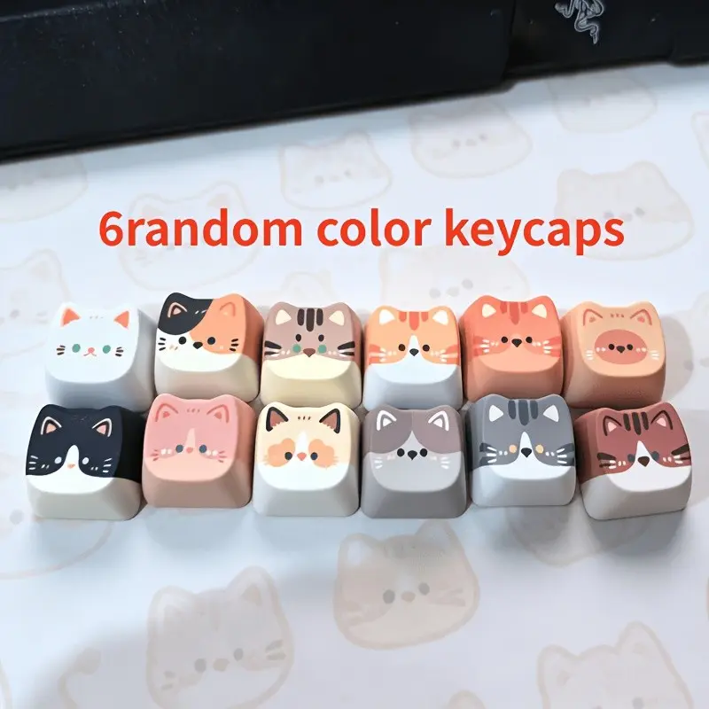 6pcs Random Color Cat ABS Keycaps, Typing Practice Tool for Writers, Gamers, Office Workers, Travelers, Fun Design, Keyboard Training Gear